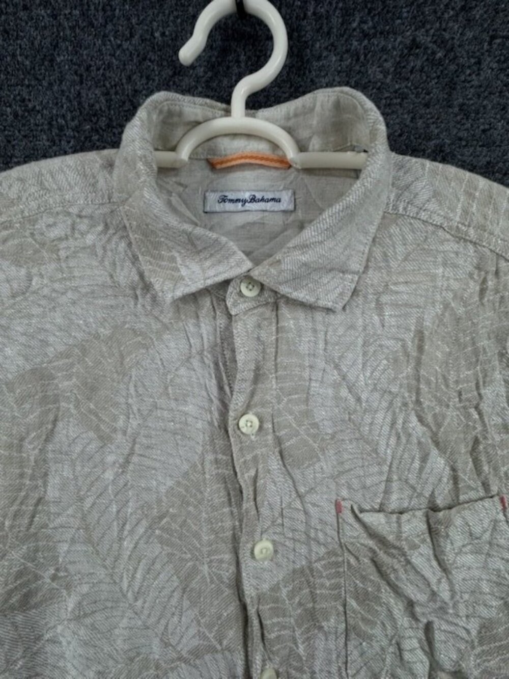 Tommy Bahama Medium Point Linen Floral Beige Shirt Pocket Long Sleeve Button Up